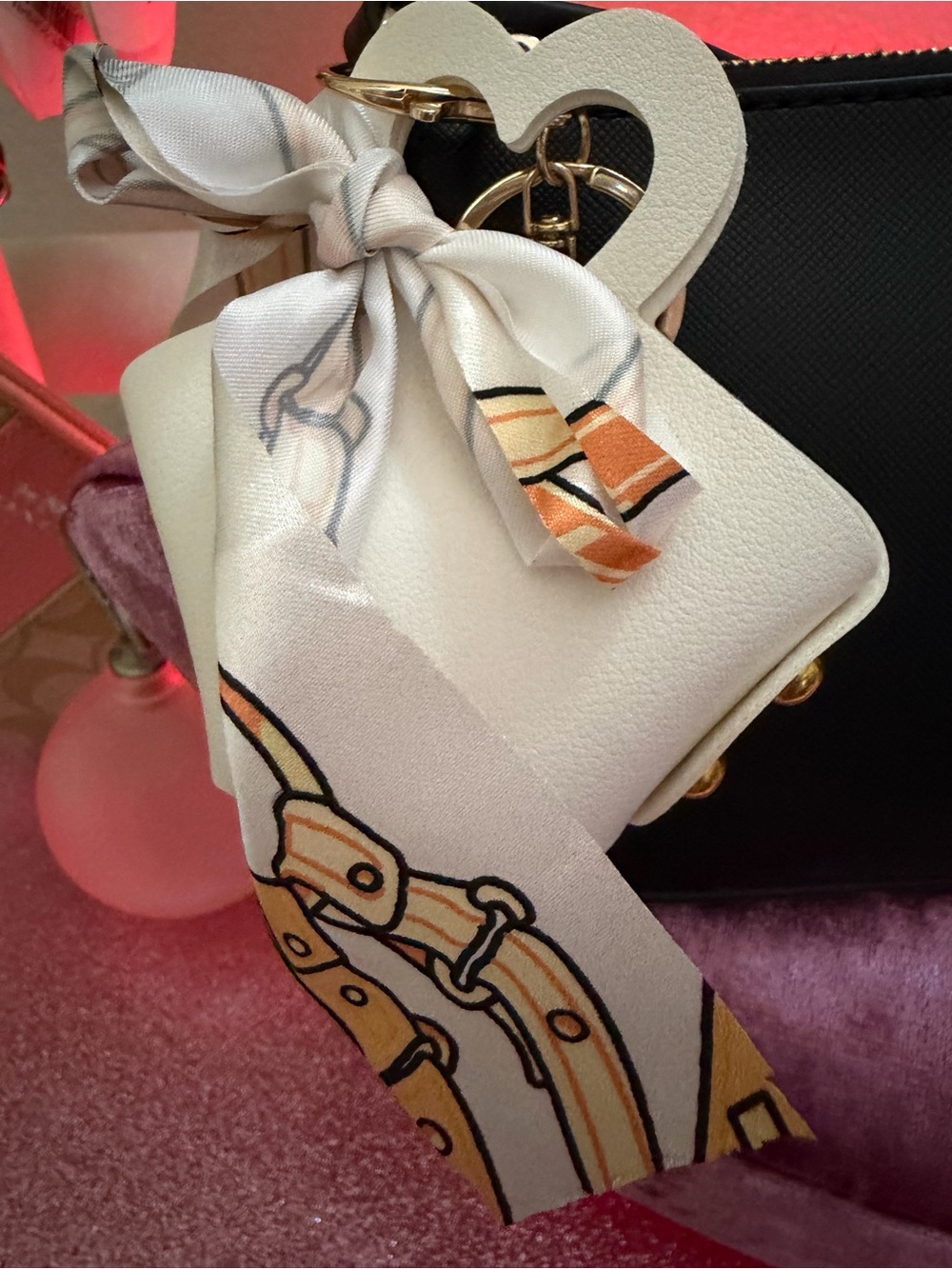 White-Mini Bag Charm Keyring with Gold Hardware